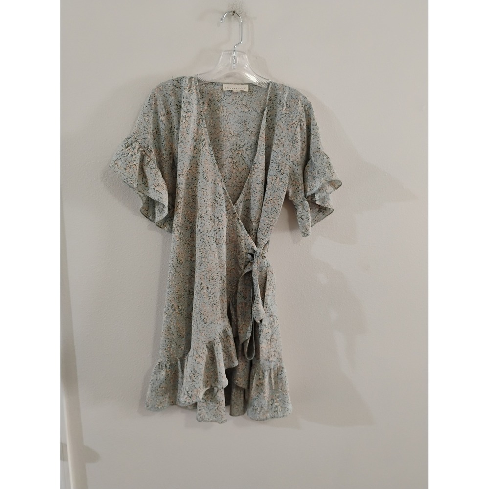 Lovestitch Floral Wrap Dress Sage Green Peach Ruffle Mini Small